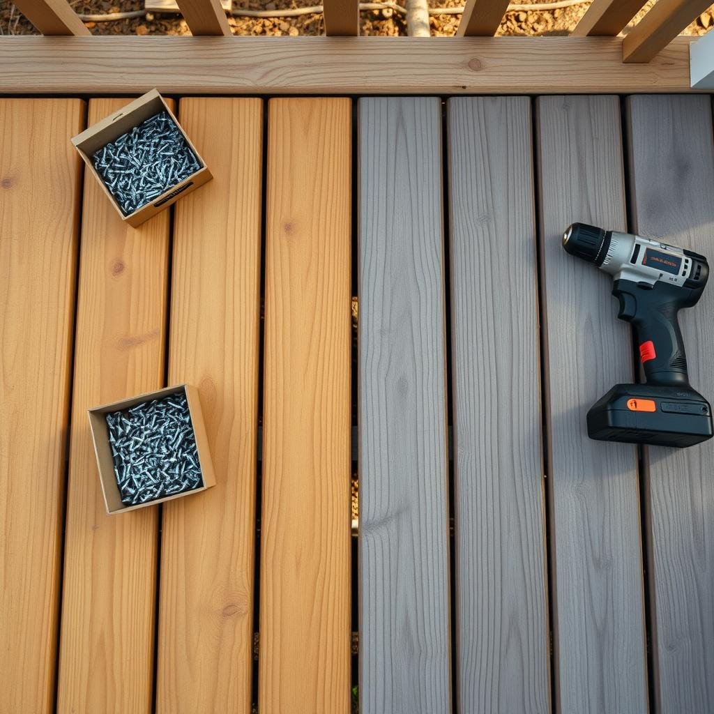 New pressure-treated deck boards being installed during a board replacement repair on a south Charlotte backyard deck.