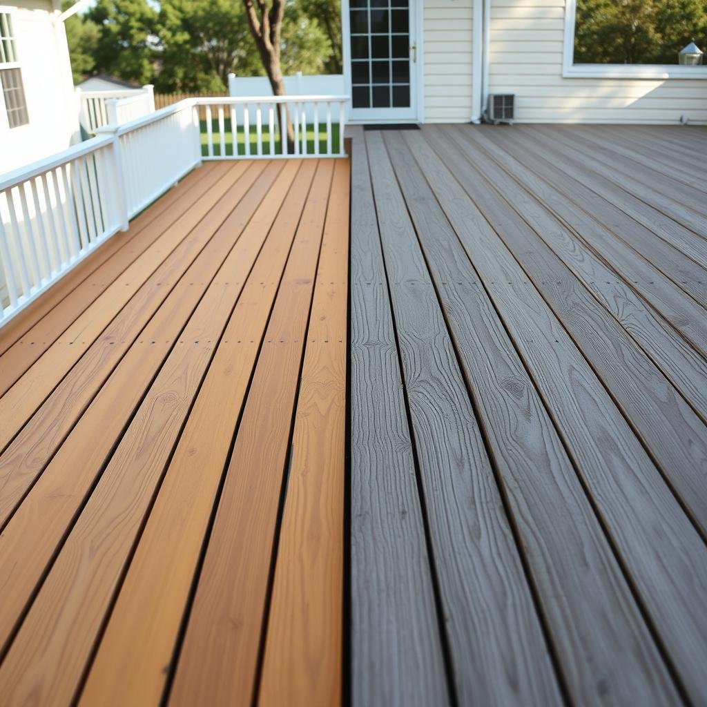 Side-by-side image of an aging weathered wood deck and a newer composite deck in a south Charlotte backyard showing decades of climate wear.