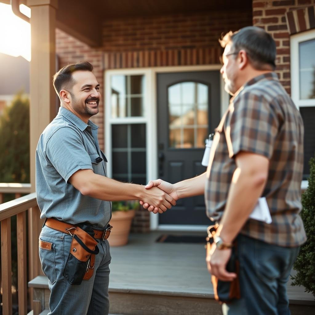 Deck contractor reviewing a written quote with a south Charlotte homeowner at the backyard deck.