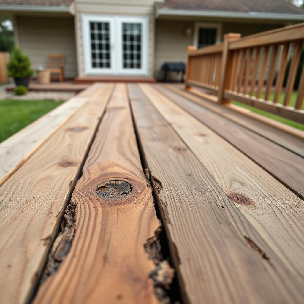 Homeowner inspecting a weathered south Charlotte wood deck for rot, soft boards, and structural damage before deciding to repair or replace.