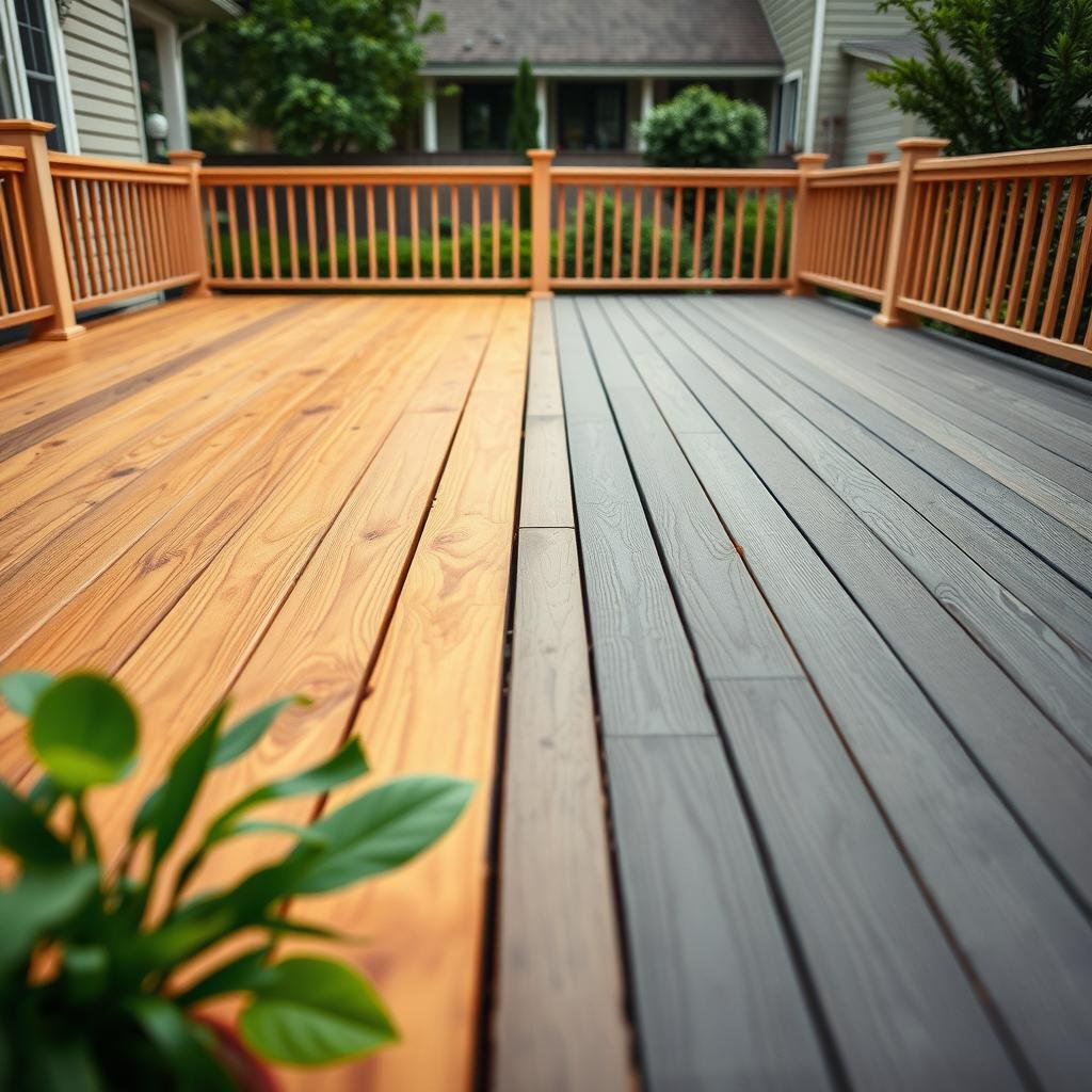 Side-by-side pressure-treated and Trex composite decks in south Charlotte showing humidity-wear differences after a decade of use.