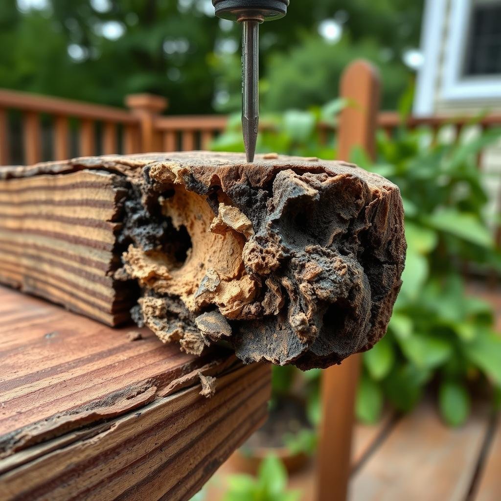 Close-up of soft, rotted pressure-treated deck boards on a south Charlotte backyard deck after years of humidity and rain.