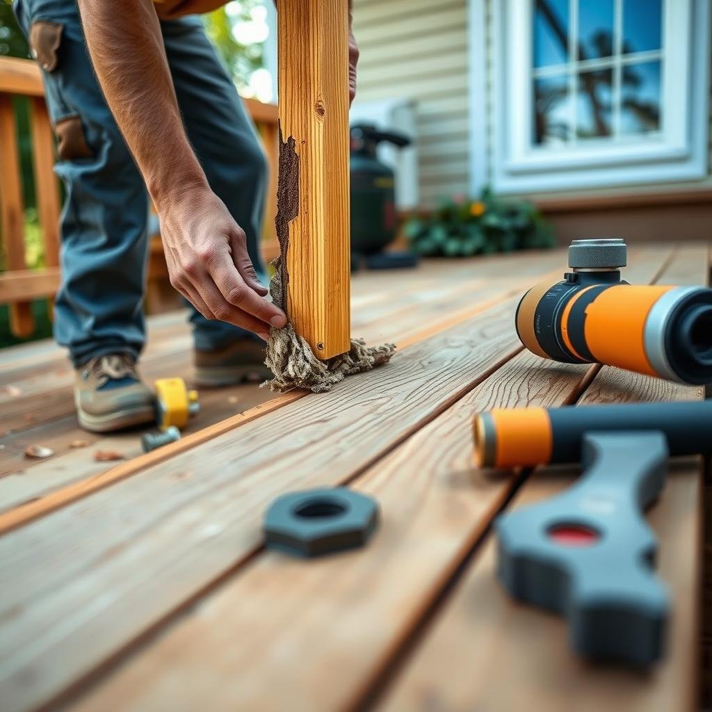 Homeowner inspecting a weathered south Charlotte wood deck for rot.
