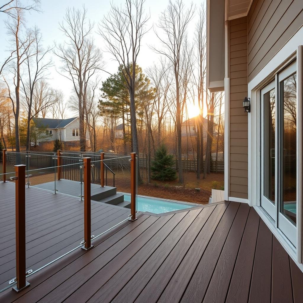 Frameless tempered glass railings on a composite deck overlooking a Charlotte backyard