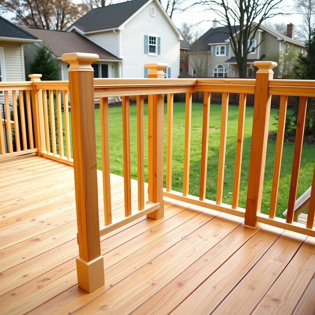 Newly built pressure-treated wood deck with stainless hardware in a Charlotte backyard
